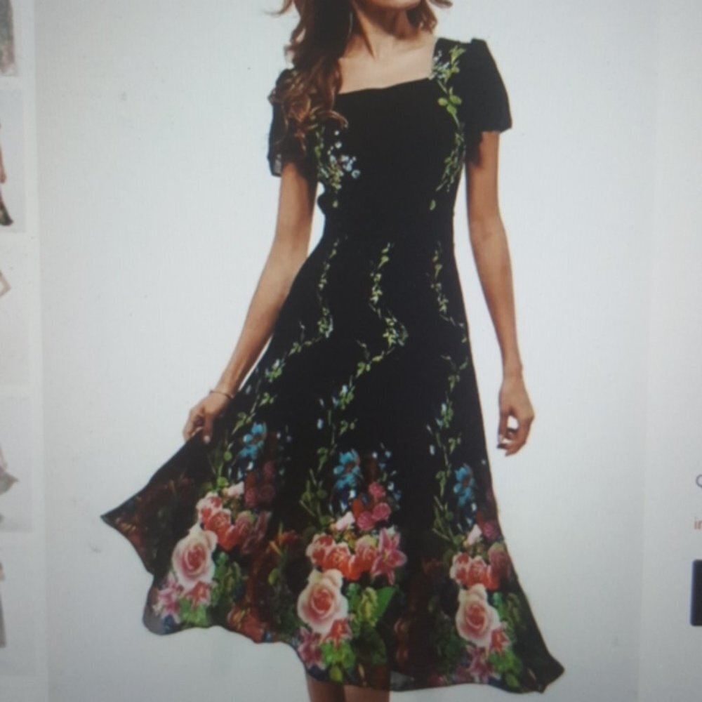 Floryday Black Pink  Floral Square Neck Sleeveless Midi A Line Dress Size Large